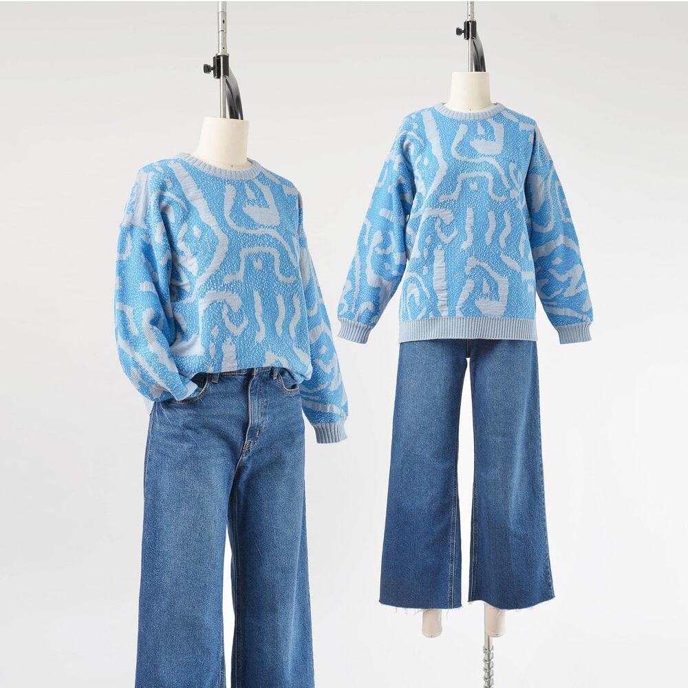 Vintage 80s Blue Abstract Wool Sweater Crewneck Head Ski Pullover size S M